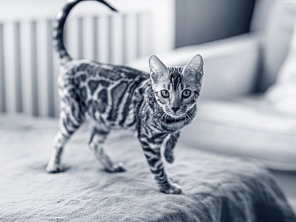 Een kat die zich op een deken bevindt.