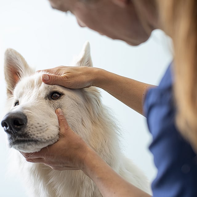 Een persoon die een hond aait.