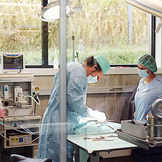 Een groep mensen in operatiejassen en scrubs.