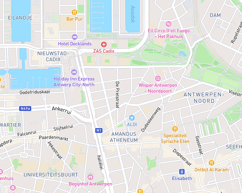 Een kaart met de locatie van AniCura Dierenartsenpraktijk Sint-Jan te Antwerpen