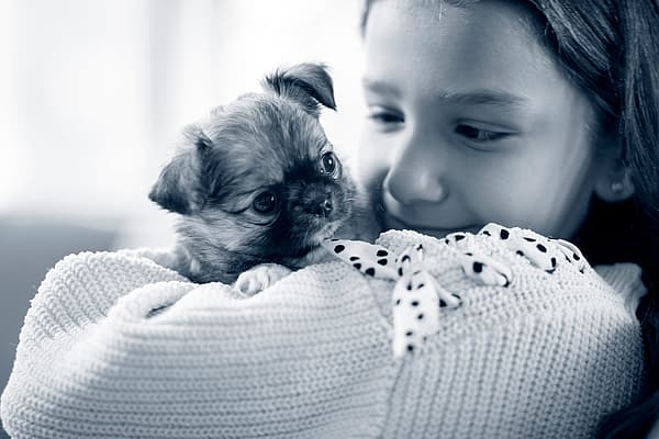 Meisje knuffelt puppy