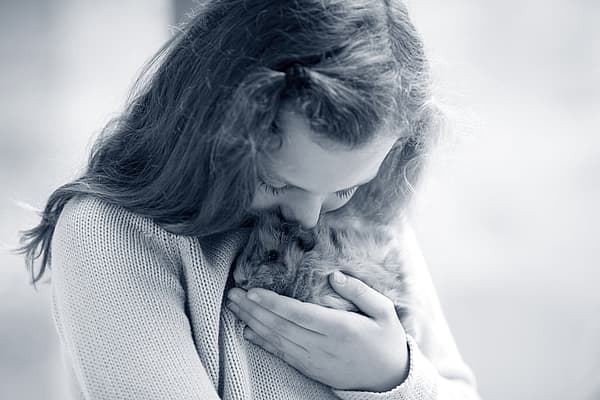 Meisje geeft cavia in haar hand een kus