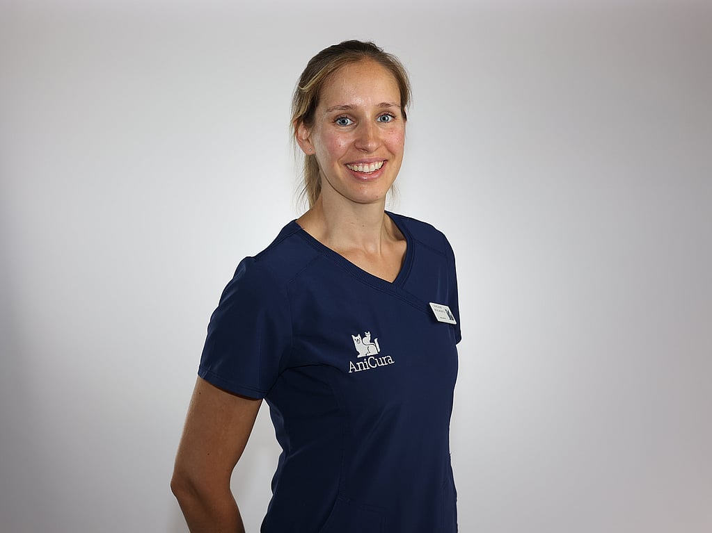 Een persoon in een blauw shirt.