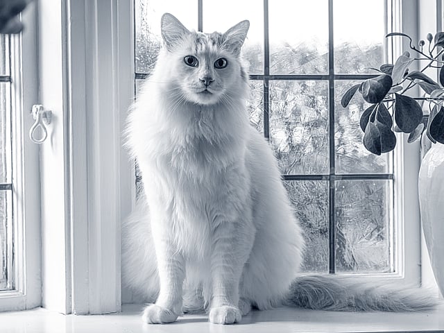 Een kat die voor een raam zit.