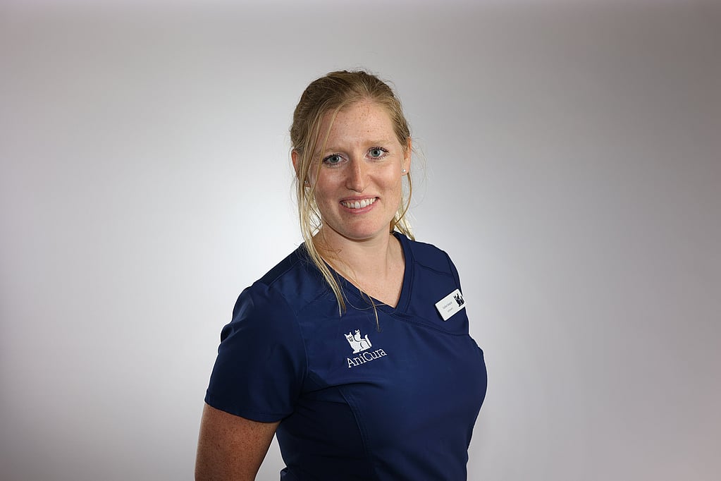 Een persoon in een blauw shirt.